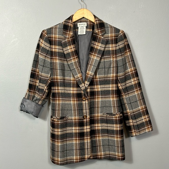 White Stag Brown Gray Plaid Double Button Wool Blazer  size vintage 8 - Picture 9 of 17